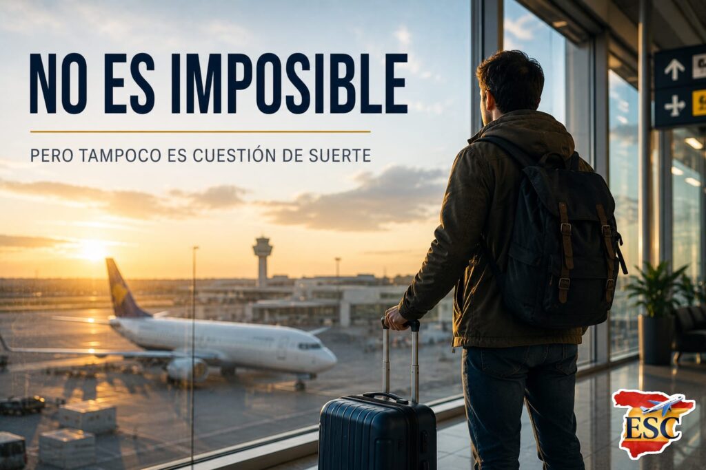  Persona en un aeropuerto preparándose para buscar trabajo y emigrar a España
Título: Cómo conseguir trabajo en España desde otro país