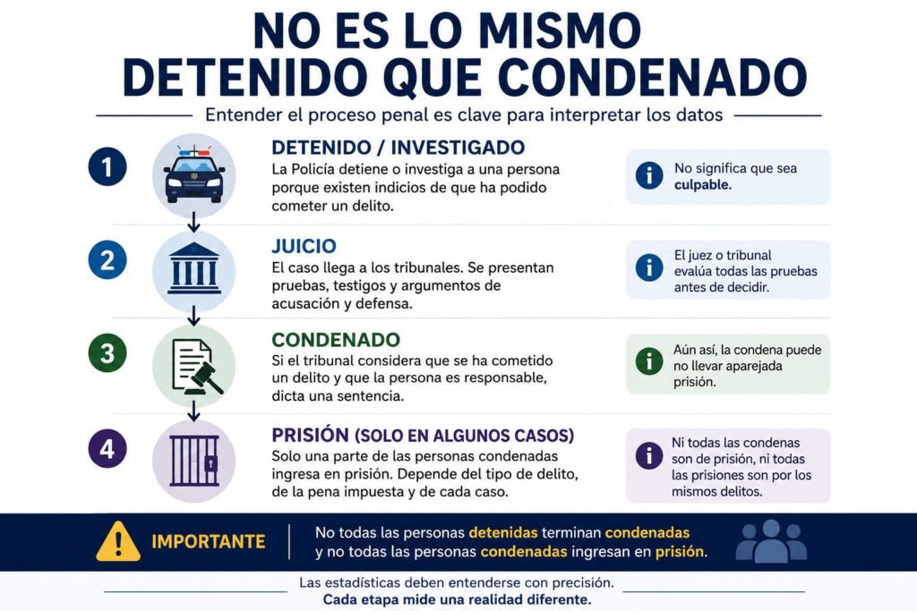 Infografía que explica las diferencias entre detenido, investigado, condenado y prisión en España.