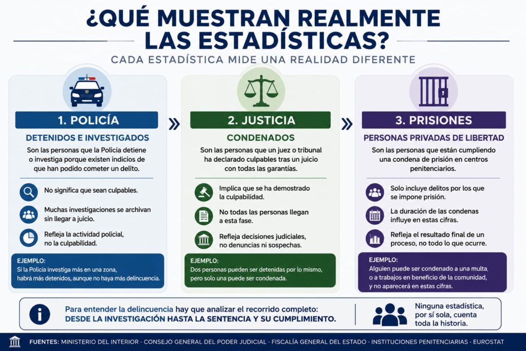Infografía sobre las diferencias entre estadísticas policiales, judiciales y penitenciarias en España.