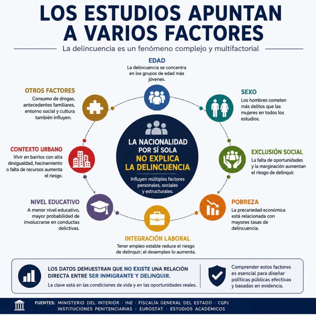 Infografía que muestra los principales factores sociales y económicos relacionados con la delincuencia según estudios oficiales.