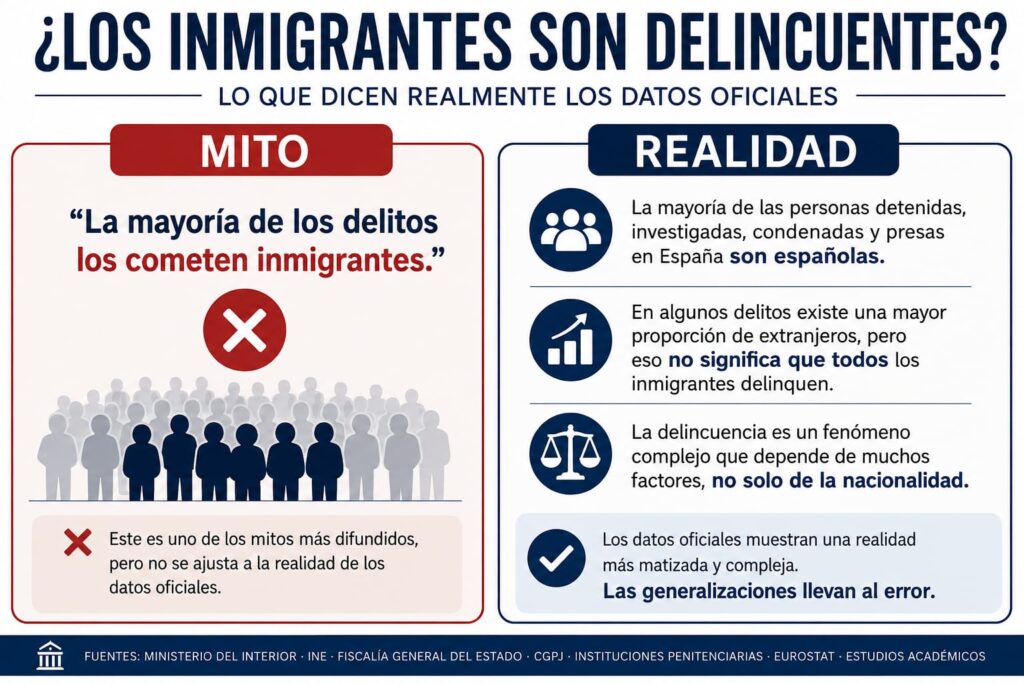 Infografía que desmonta el mito de que todos los inmigrantes son delincuentes con datos oficiales de España.