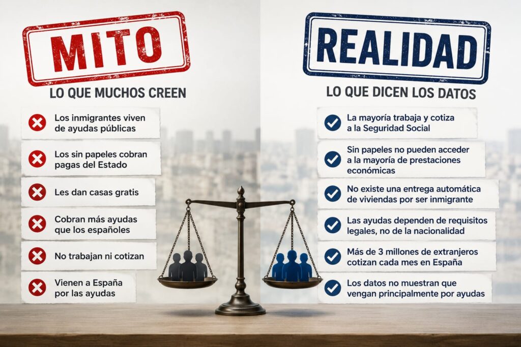 Infografía que compara los principales mitos y la realidad sobre las ayudas públicas para inmigrantes en España