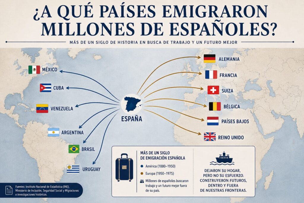 Mapa de los principales destinos de la emigración española hacia América y Europa durante
